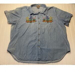 Just My Size Denim Flowers Plants Floral Embroidered Button Down Top Size 22/24